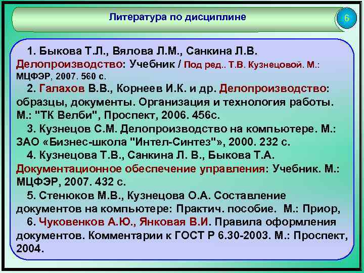 Литература по дисциплине 6 1. Быкова Т. Л. , Вялова Л. М. , Санкина