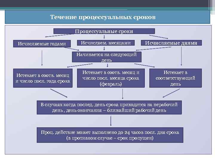 Течение процессуальных сроков Процессуальные сроки Исчисляемые годами Исчисляем. месяцами Исчисляемые днями Начинается на следующий