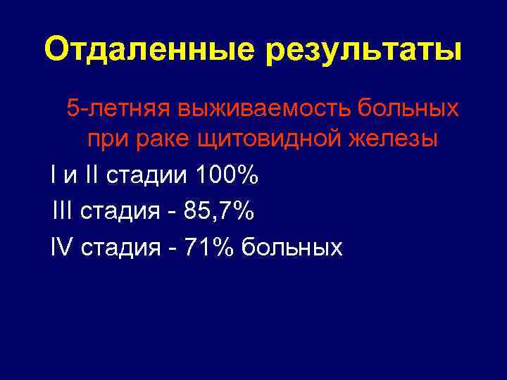 Отдаленные результаты 5 -летняя выживаемость больных при раке щитовидной железы I и II стадии