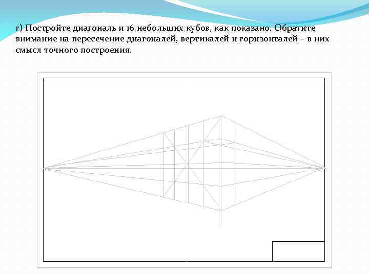 г) Постройте диагональ и 16 небольших кубов, как показано. Обратите внимание на пересечение диагоналей,