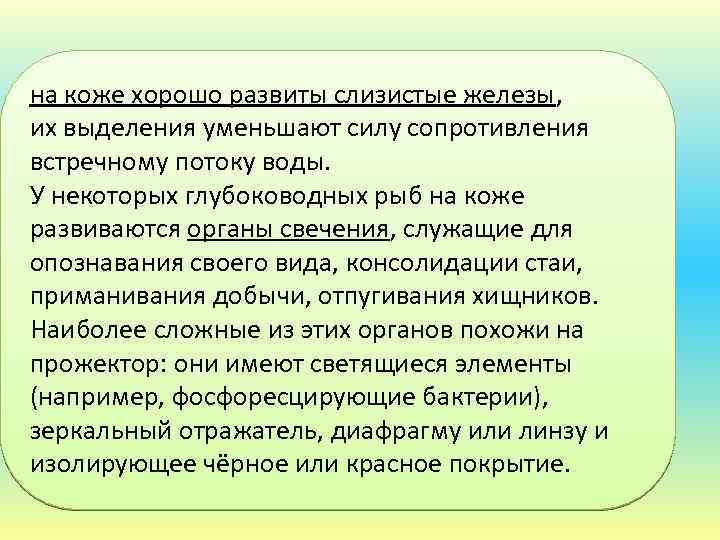 на коже хорошо развиты слизистые железы, их выделения уменьшают силу сопротивления встречному потоку воды.