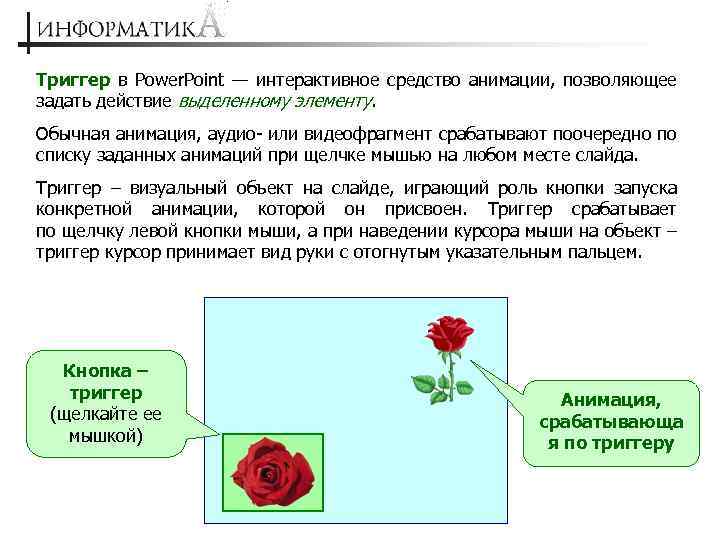 Триггер в Power. Point — интерактивное средство анимации, позволяющее задать действие выделенному элементу. Обычная