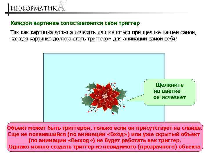 Каждой картинке сопоставляется свой триггер Так картинка должна исчезать или меняться при щелчке на