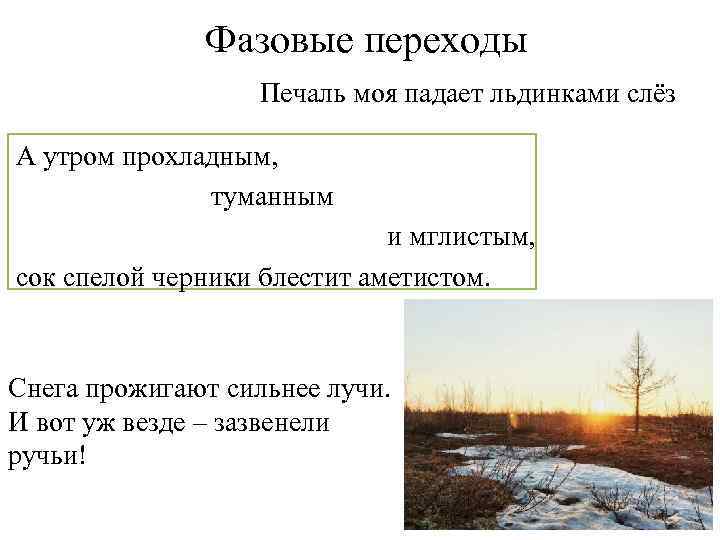 Фазовые переходы Печаль моя падает льдинками слёз А утром прохладным, туманным и мглистым, сок