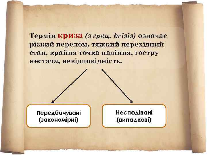 Термін криза (з грец. krisis) означає різкий перелом, тяжкий перехідний стан, крайня точка падіння,