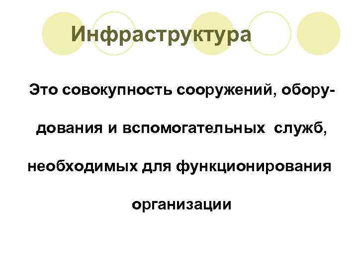 Инфраструктура Это совокупность сооружений, оборудования и вспомогательных служб, необходимых для функционирования организации 