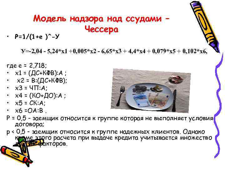 Модель надзора над ссудами – Чессера • Р=1/(1+е )^-У У=-2, 04 - 5, 24*х1