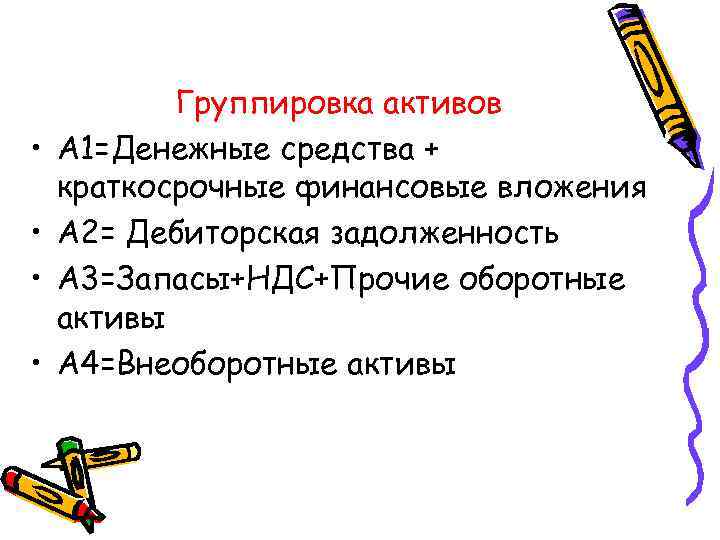  • • Группировка активов Активы А 1=Денежные средства + краткосрочные финансовые вложения А