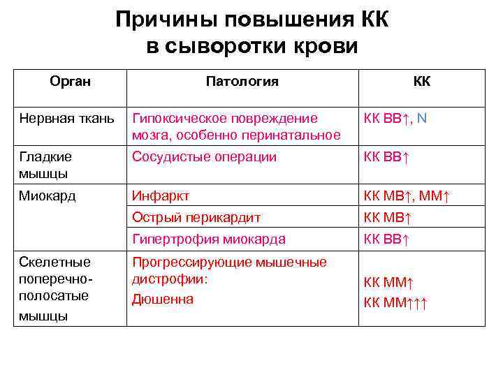 Причины повышения КК в сыворотки крови Орган Патология КК Нервная ткань Гипоксическое повреждение мозга,