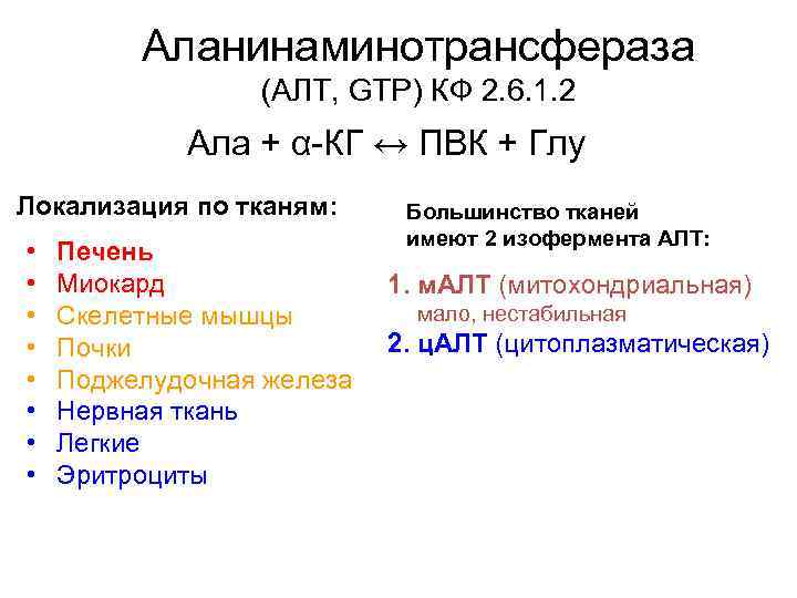 Аланинаминотрансфераза (АЛТ, GTP) КФ 2. 6. 1. 2 Ала + α-КГ ↔ ПВК +