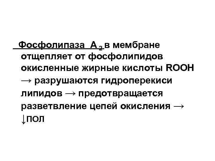 Фосфолипаза А 2 в мембране отщепляет от фосфолипидов окисленные жирные кислоты ROOH → разрушаются