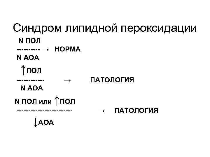 Синдром липидной пероксидации N ПОЛ ----- → НОРМА N АОА ↑ПОЛ ------N АОА →