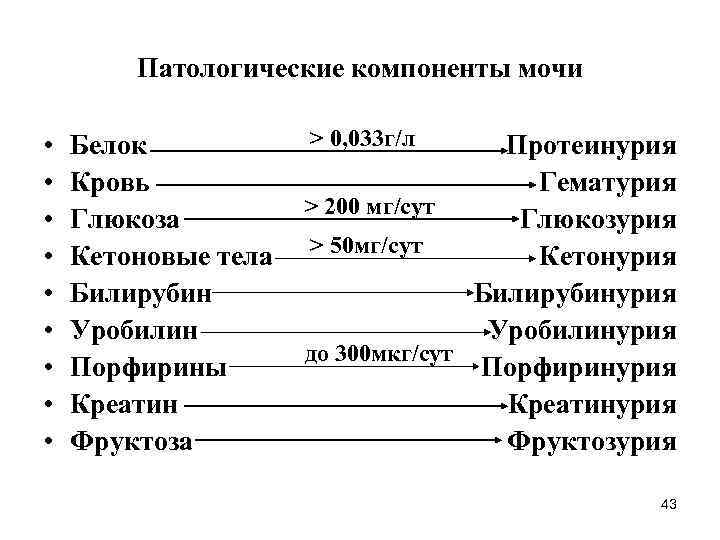 Патологические компоненты мочи • • • Белок Кровь Глюкоза Кетоновые тела Билирубин Уробилин Порфирины