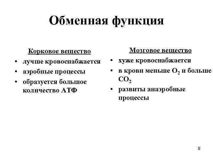 Обменная функция Корковое вещество • лучше кровоснабжается • аэробные процессы • образуется большое количество