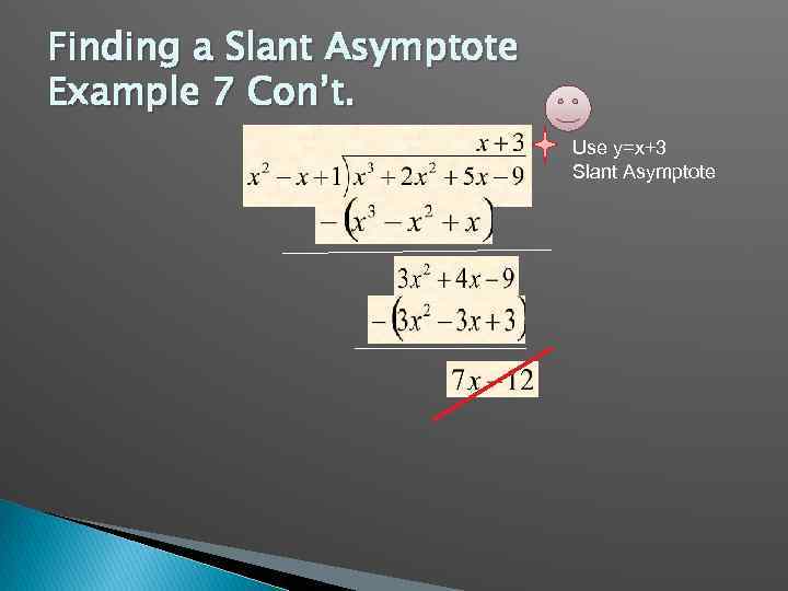 Finding a Slant Asymptote Example 7 Con’t. Use y=x+3 Slant Asymptote 