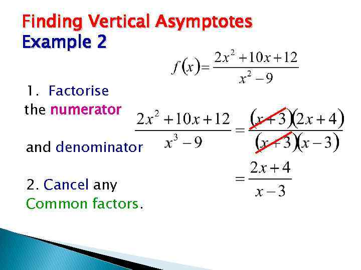 Finding Vertical Asymptotes Example 2 1. Factorise the numerator and denominator 2. Cancel any