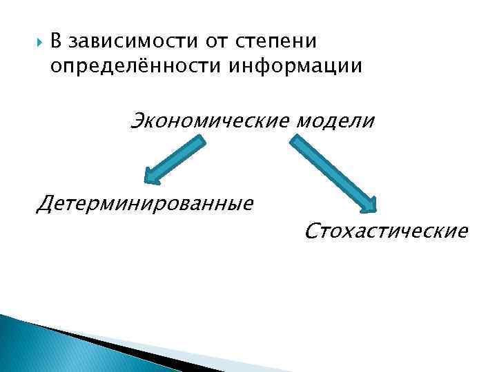  В зависимости от степени определённости информации Экономические модели Детерминированные Стохастические 