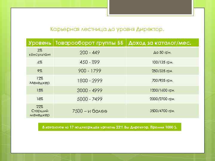 Карьерная лестница до уровня Директор. Уровень Товарооборот группы ББ Доход за каталог/мес. 3% консультант