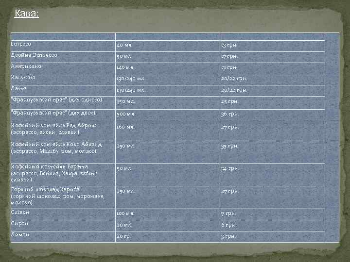 Кава: Еспресо 40 мл. 13 грн. Двойне Эспрессо 50 мл. 17 грн. Американо 140