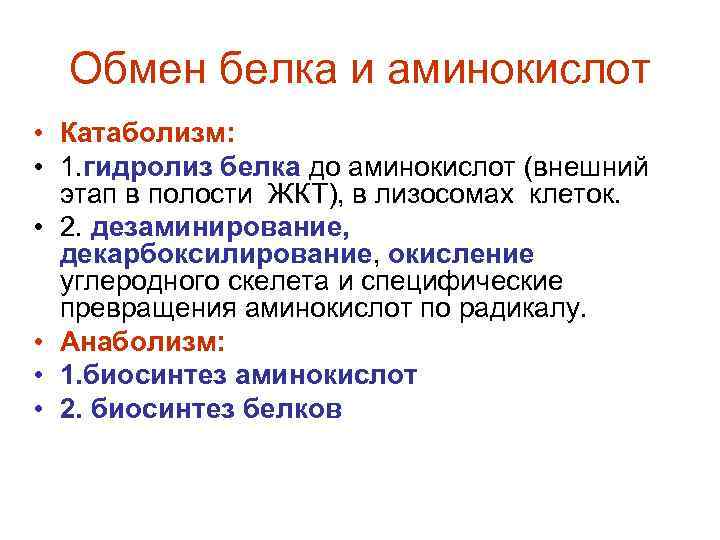 Обмен белка и аминокислот • Катаболизм: • 1. гидролиз белка до аминокислот (внешний этап