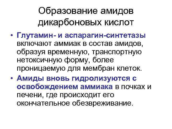 Образование амидов дикарбоновых кислот • Глутамин- и аспарагин-синтетазы включают аммиак в состав амидов, образуя