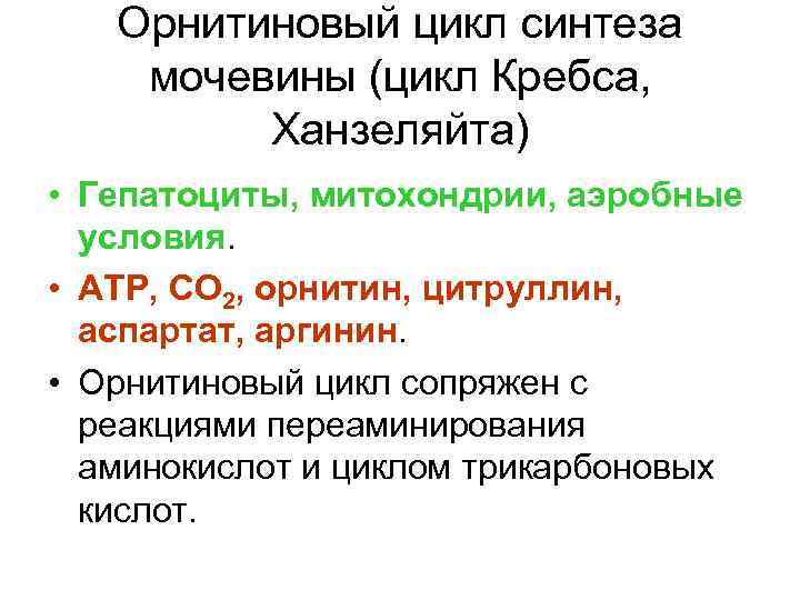 Орнитиновый цикл синтеза мочевины (цикл Кребса, Ханзеляйта) • Гепатоциты, митохондрии, аэробные условия. • АТР,