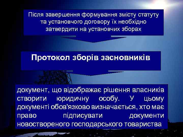 Після завершення формування змісту статуту та установчого договору їх необхідно затвердити на установчих зборах