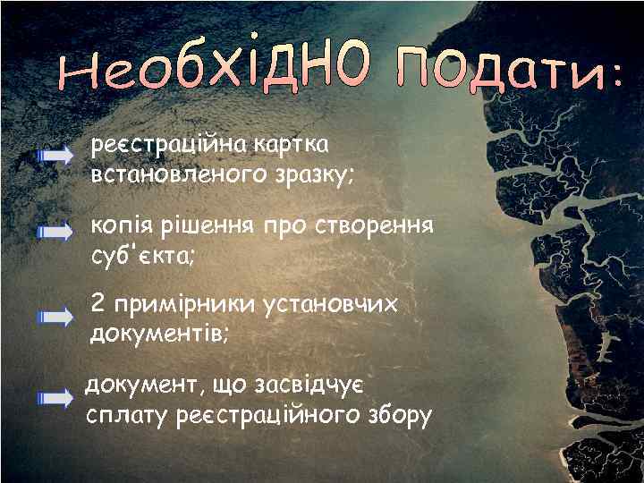 реєстраційна картка встановленого зразку; копія рішення про створення суб'єкта; 2 примірники установчих документів; документ,