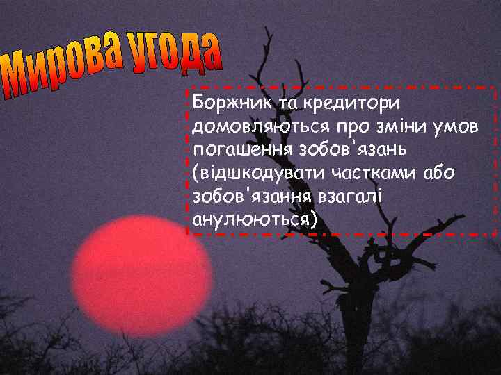 Боржник та кредитори домовляються про зміни умов погашення зобов'язань (відшкодувати частками або зобов'язання взагалі