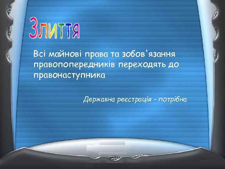 Всі майнові права та зобов'язання правопопередників переходять до правонаступника Державна реєстрація - потрібна 