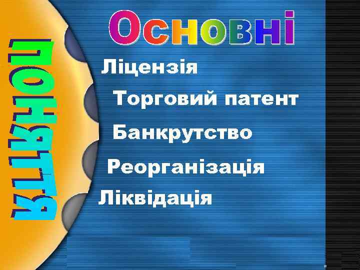 Ліцензія Торговий патент Банкрутство Реорганізація Ліквідація 