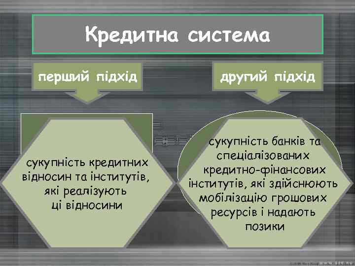 Кредитна система перший підхід сукупність кредитних відносин та інститутів, які реалізують ці відносини другий