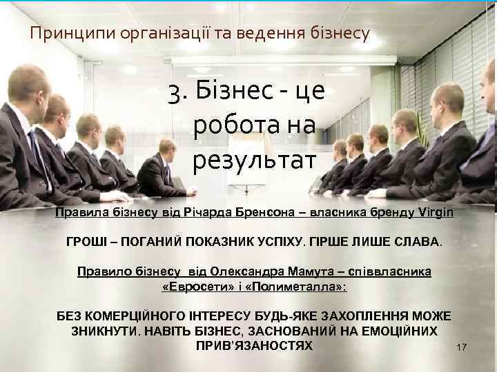 Принципи організації та ведення бізнесу 3. Бізнес - це робота на результат Правила бізнесу