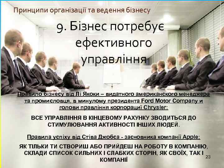 Принципи організації та ведення бізнесу 9. Бізнес потребує ефективного управління Правило бізнесу від Лі