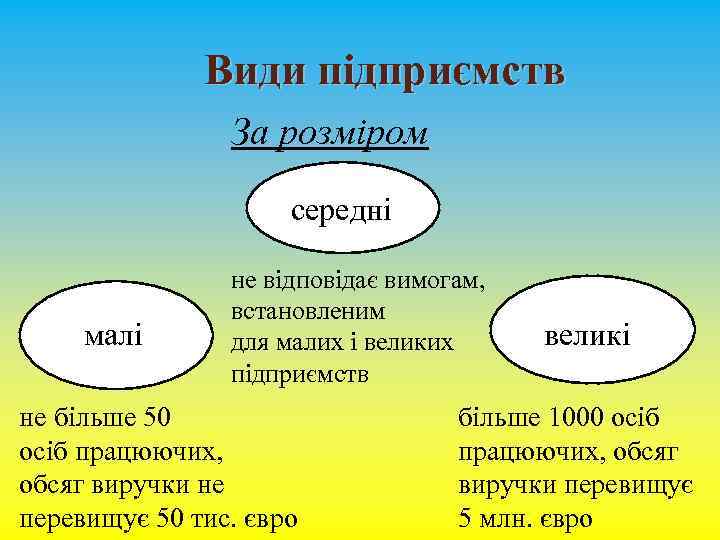 Види підприємств За розміром середні малі не відповідає вимогам, встановленим для малих і великих