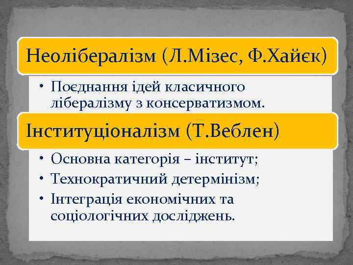 Неолібералізм (Л. Мізес, Ф. Хайєк) • Поєднання ідей класичного лібералізму з консерватизмом. Інституціоналізм (Т.