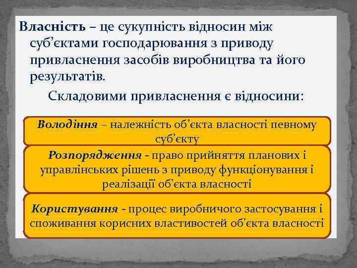 Власність – це сукупність відносин між суб’єктами господарювання з приводу привласнення засобів виробництва та