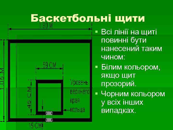 Баскетбольні щити § Всі лінії на щиті повинні бути нанесений таким чином: § Білим