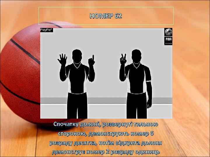 НОМЕР 62 Спочатку долоні, розвернуті тильною стороною, демонструють номер 6 розряду десятка, потім відкрита