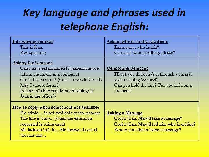 Key language and phrases used in telephone English: Introducing yourself This is Ken speaking