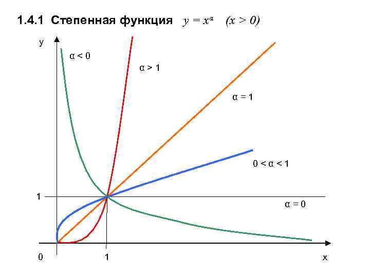 1. 4. 1 Степенная функция y = xα (x > 0) y α<0 α>1