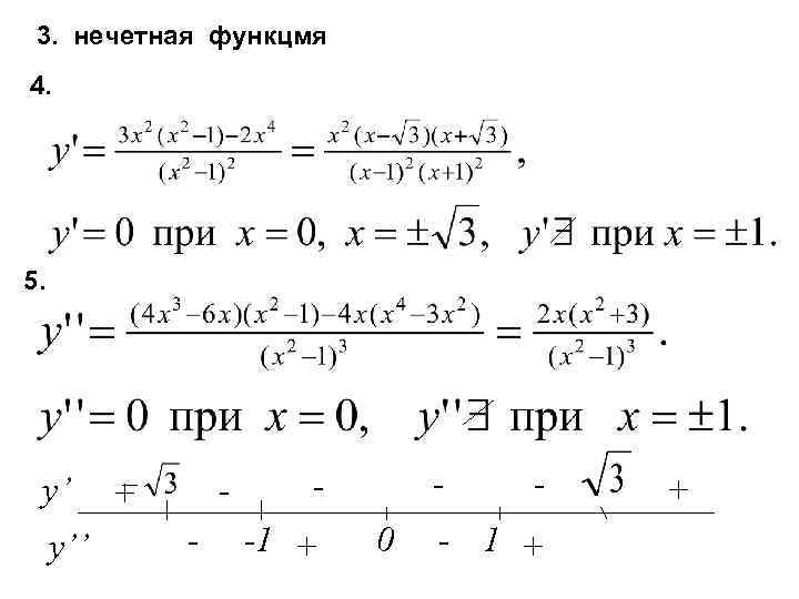 3. нечетная функцмя 4. 5. y’ y’’ - + - - -1 + 0