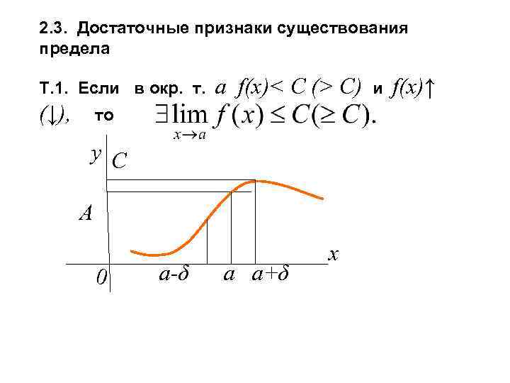 2. 3. Достаточные признаки существования предела Т. 1. Если в окр. т. (↓), a