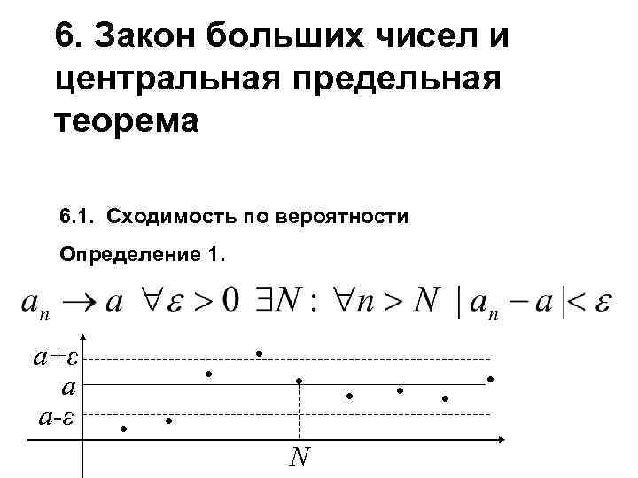 6. Закон больших чисел и центральная предельная теорема 6. 1. Сходимость по вероятности Определение