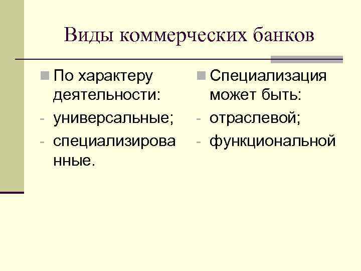 Виды коммерческих банков n По характеру n Специализация деятельности: - универсальные; - специализирова нные.