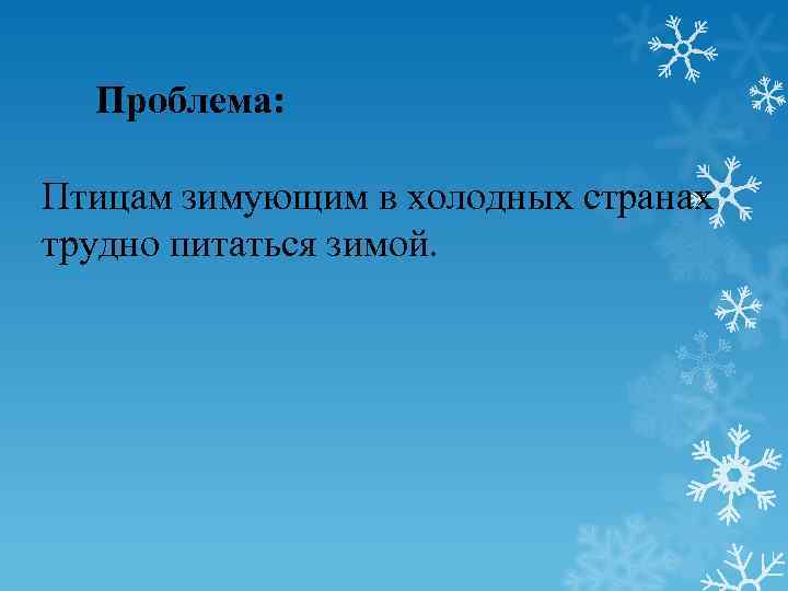 Проблема: Птицам зимующим в холодных странах трудно питаться зимой. 