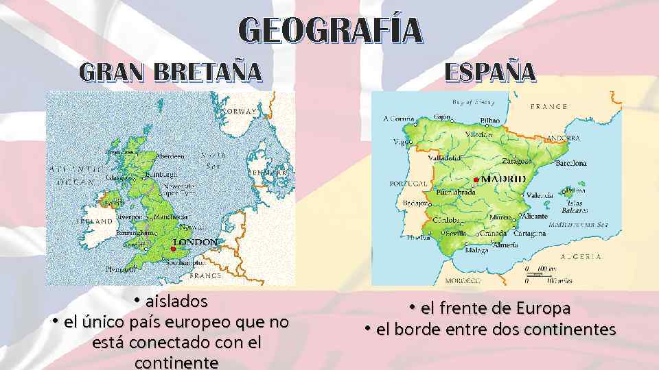 GEOGRAFÍA GRAN BRETAÑA ESPAÑA • aislados • el único país europeo que no está