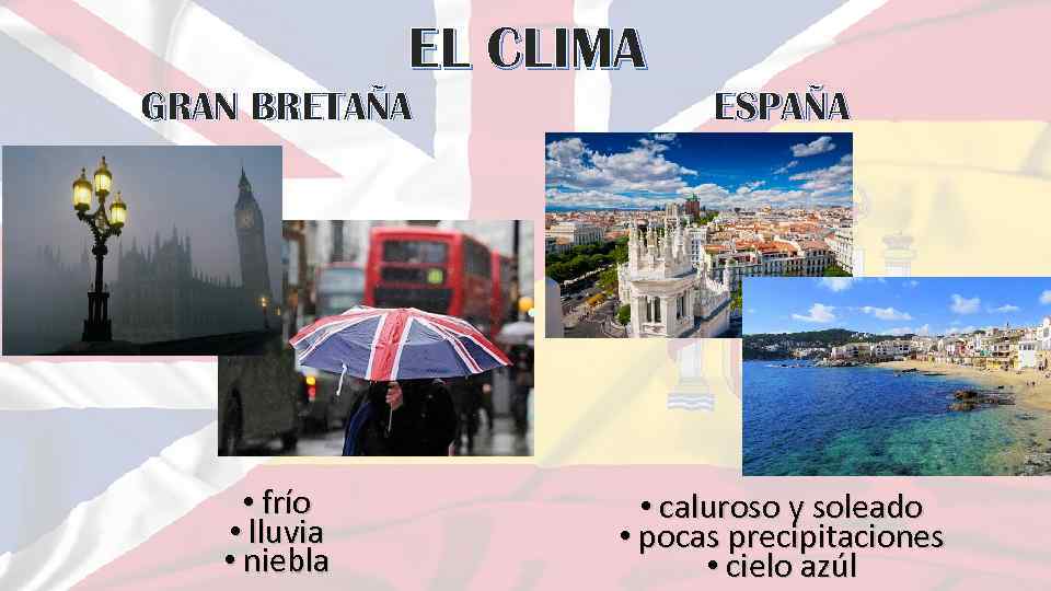 EL CLIMA GRAN BRETAÑA ESPAÑA • frío • lluvia • niebla • caluroso y