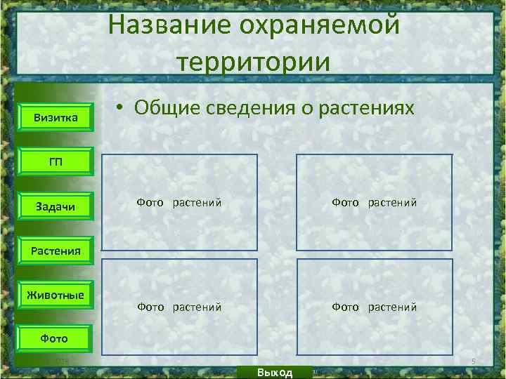 Название охраняемой территории Визитка • Общие сведения о растениях ГП Задачи Фото растений Растения