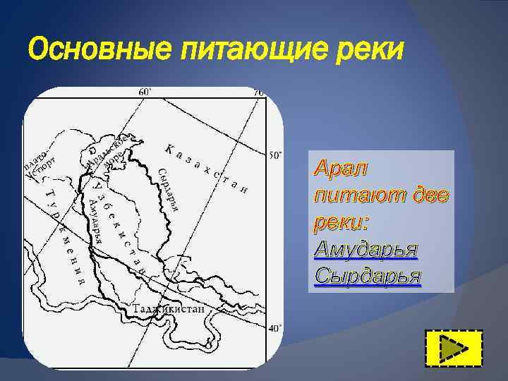 Основные питающие реки Арал питают две реки: Амударья Сырдарья 